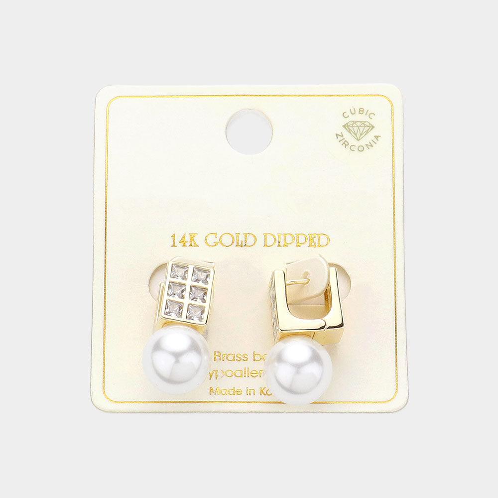 Gold 14K Gold Dipped Square CZ Stone Pearl Drop Huggie Earrings