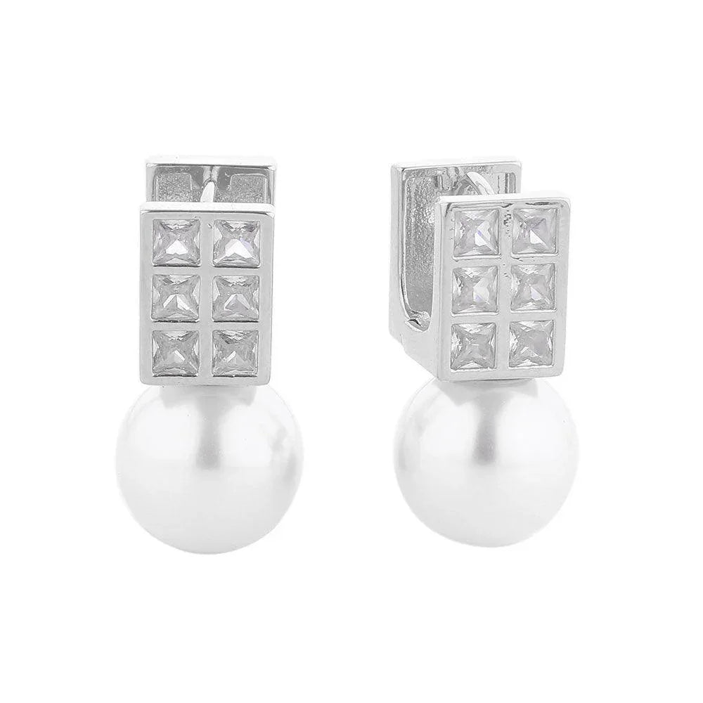 Silver White Gold Dipped Square CZ Stone Pearl Drop Huggie Earrings - Jewelry Store by Erik Rayo