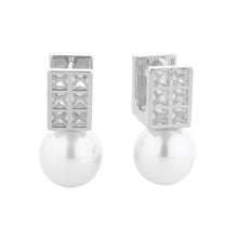 Load image into Gallery viewer, Silver White Gold Dipped Square CZ Stone Pearl Drop Huggie Earrings
