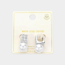 Load image into Gallery viewer, Silver White Gold Dipped Square CZ Stone Pearl Drop Huggie Earrings
