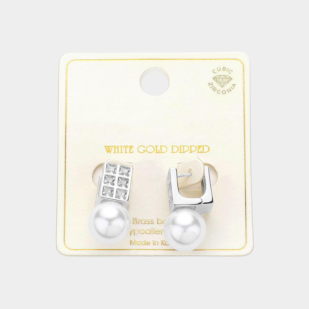 Silver White Gold Dipped Square CZ Stone Pearl Drop Huggie Earrings