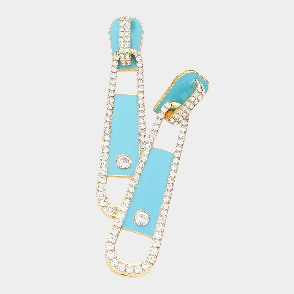 Blue Rhinestone Embellished Zipper Dangle Earrings - Jewelry Store by Erik Rayo