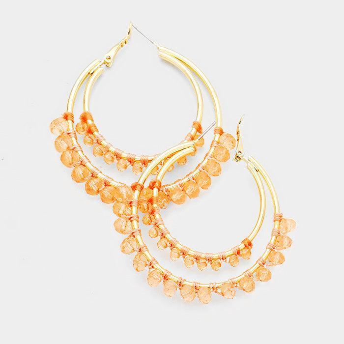 Peach Beaded Trim Double Metal Hoop Earrings - Jewelry Store by Erik Rayo