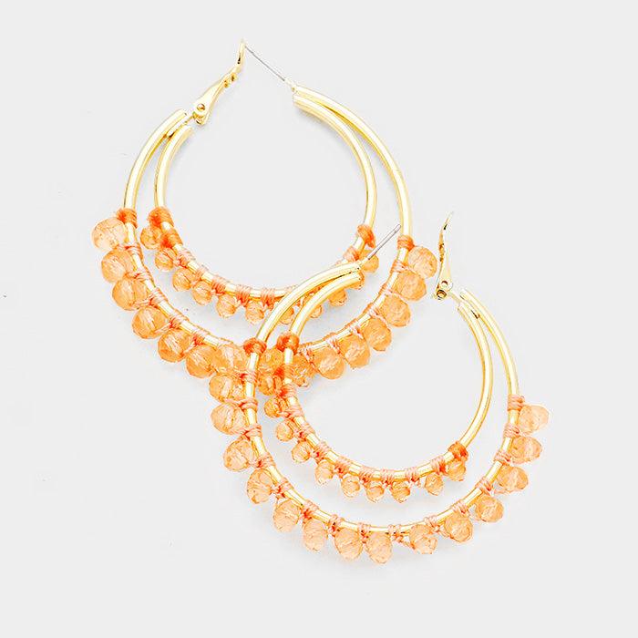 Peach Beaded Trim Double Metal Hoop Earrings