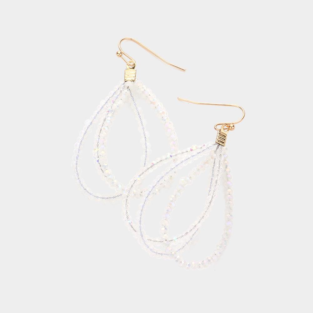 White Faceted Beaded Triple Open Teardrop Layered Dangle Earrings