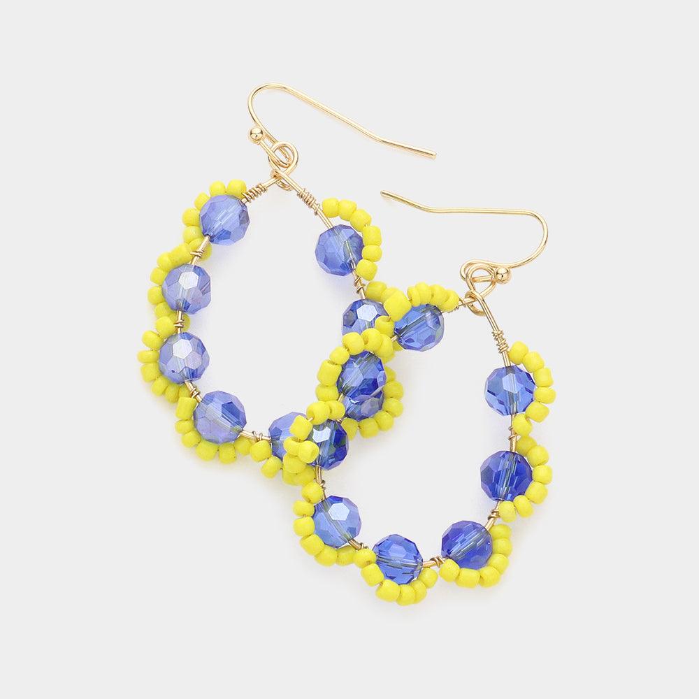 Yellow Faceted Bead Embellished Open Teardrop Dangle Earrings