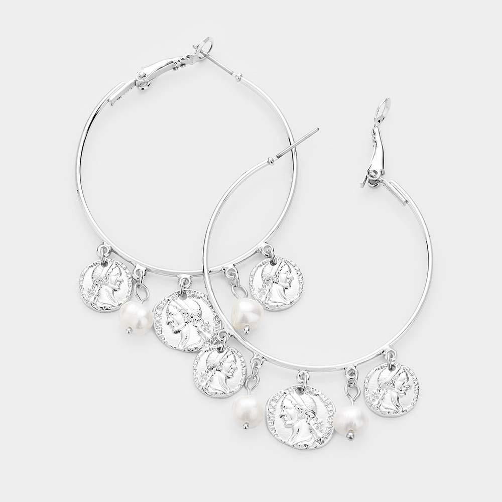 White Open Circle Hoop Coin Pearl Dangle Earrings - Jewelry Store by Erik Rayo