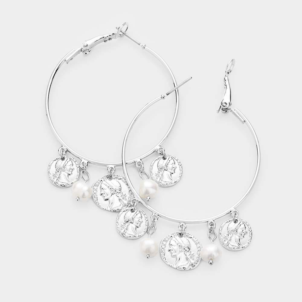 White Open Circle Hoop Coin Pearl Dangle Earrings