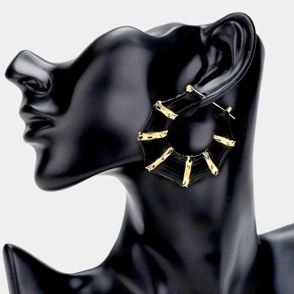 Black Enamel Metal Bamboo Octagon Hoop Pin Catch Earrings - Jewelry Store by Erik Rayo