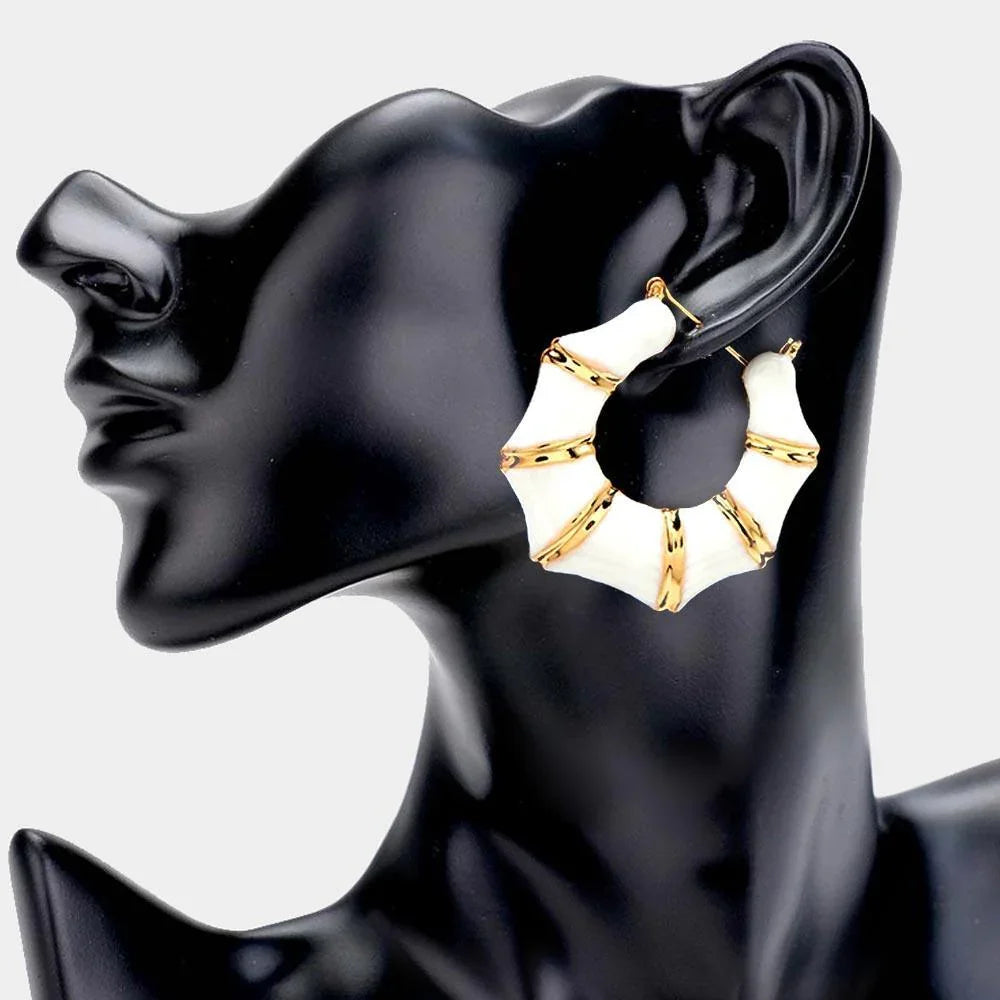 White Enamel Metal Bamboo Octagon Hoop Pin Catch Earrings - Jewelry Store by Erik Rayo