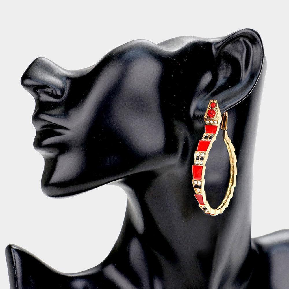 Red Stone Embellished Enamel Snake Earrings