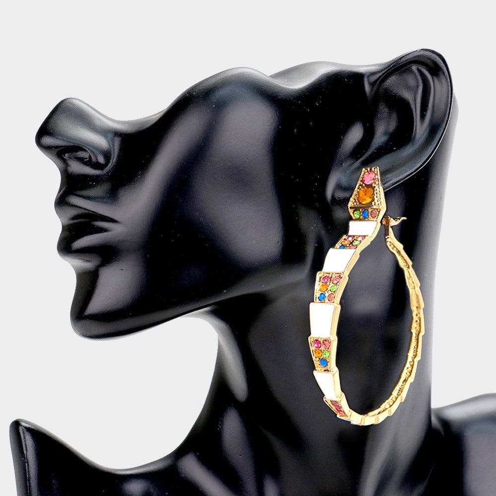 White Stone Embellished Enamel Snake Earrings