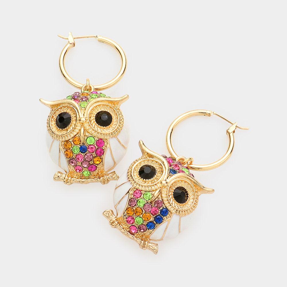 White Metal Hoop Rhinestone Embellished Owl Link Pin Catch Earrings - Jewelry Store by Erik Rayo