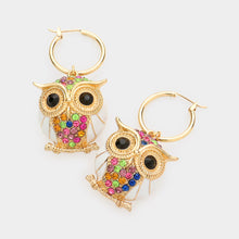 Load image into Gallery viewer, White Metal Hoop Rhinestone Embellished Owl Link Pin Catch Earrings
