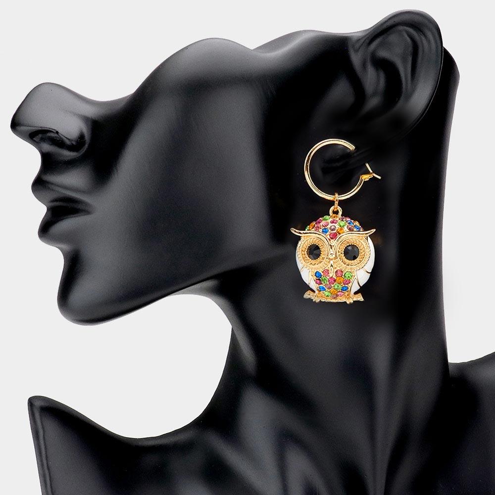 White Metal Hoop Rhinestone Embellished Owl Link Pin Catch Earrings - Jewelry Store by Erik Rayo