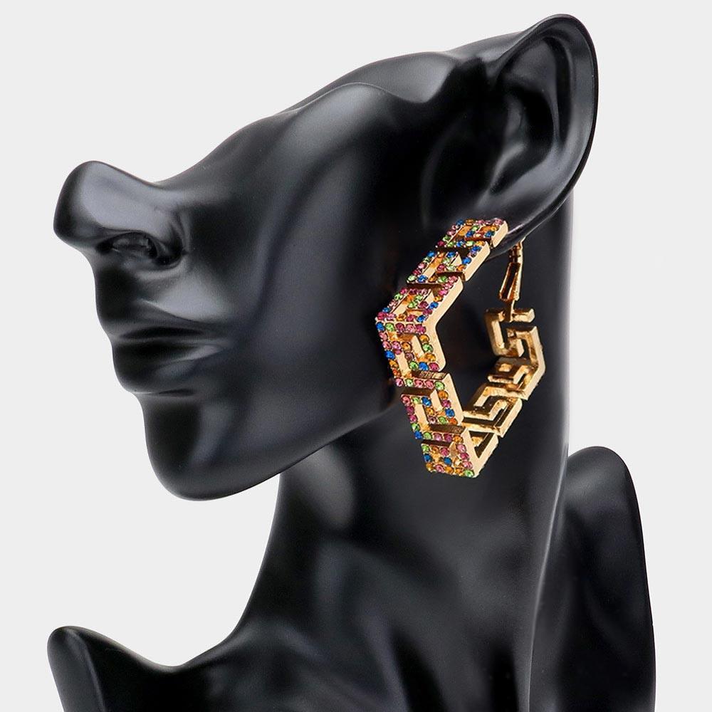 Rhinestone Embellished Greek Patterned Square Hoop Earrings - Jewelry Store by Erik Rayo