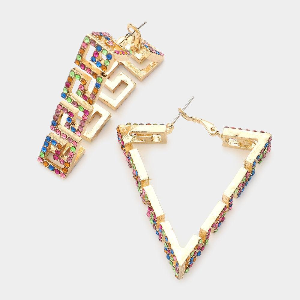 Rhinestone Embellished Greek Patterned Triangle Hoop Earrings - Jewelry Store by Erik Rayo