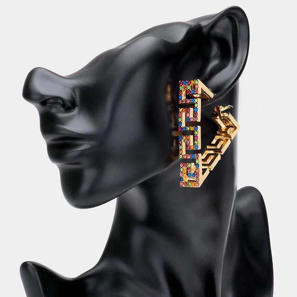 Rhinestone Embellished Greek Patterned Triangle Hoop Earrings - Jewelry Store by Erik Rayo