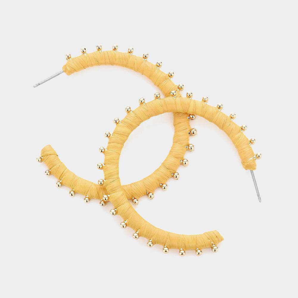 Mustard Metal Ball Trimmed Raffia Wrapped Hoop Earrings - Jewelry Store by Erik Rayo