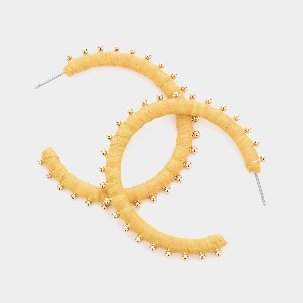 Mustard Metal Ball Trimmed Raffia Wrapped Hoop Earrings