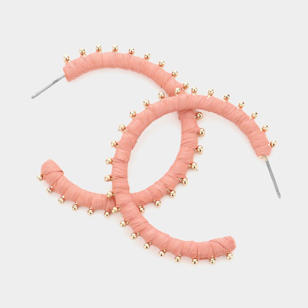 Peach Metal Ball Trimmed Raffia Wrapped Hoop Earrings