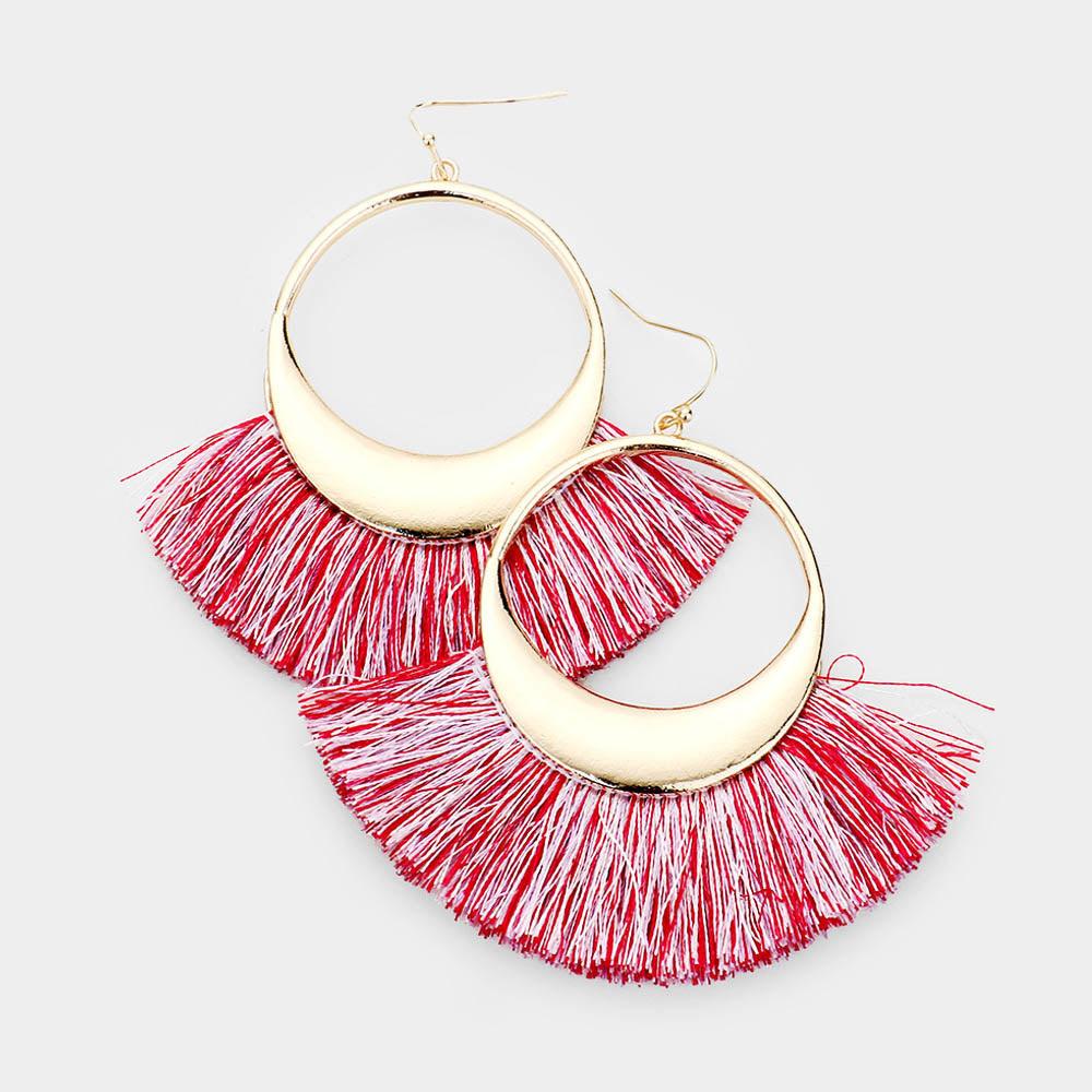 Pink Metal Hollow Round Fan Tassel Dangle Earrings