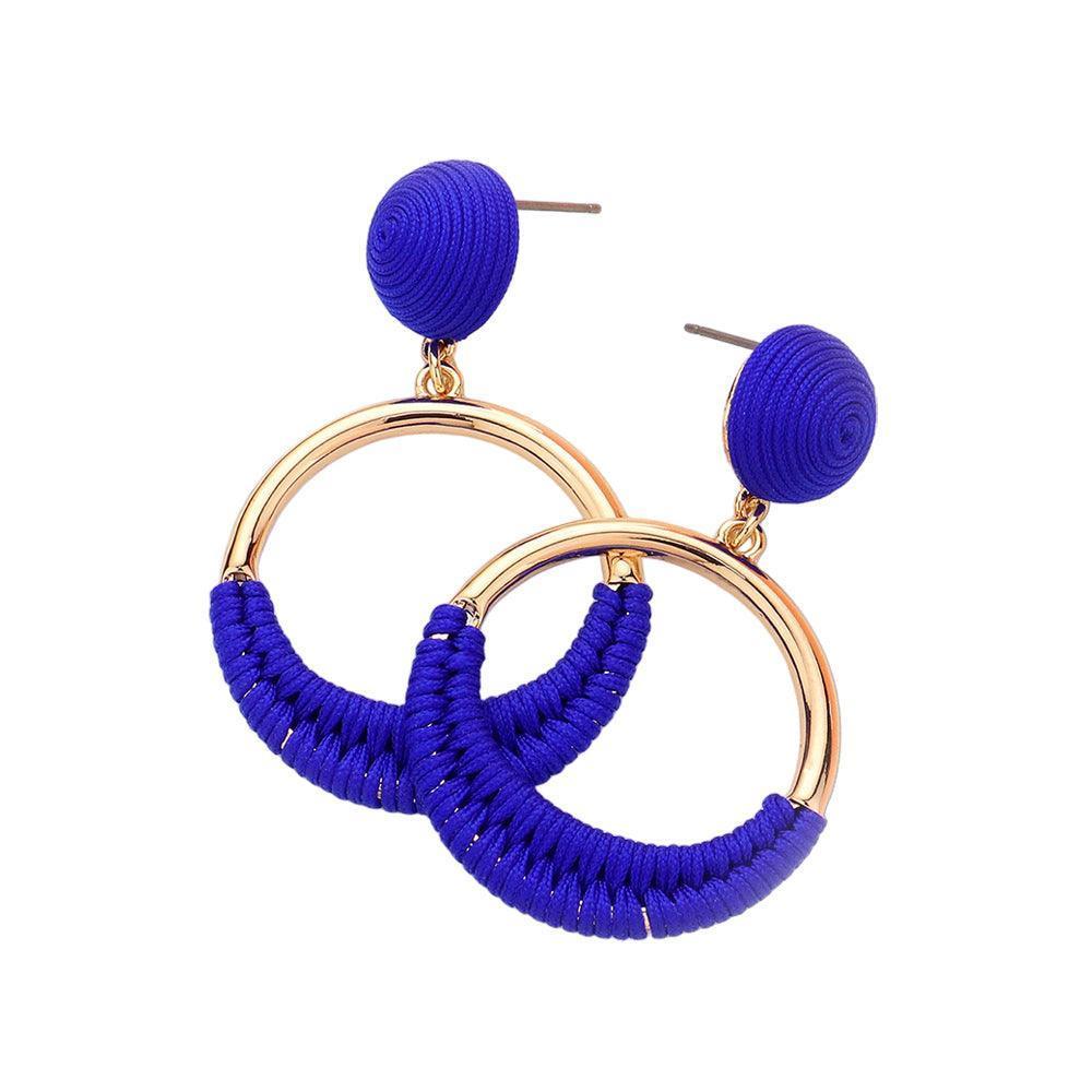 Blue Thread Wrapped Open Circle Dangle Earrings - Jewelry Store by Erik Rayo