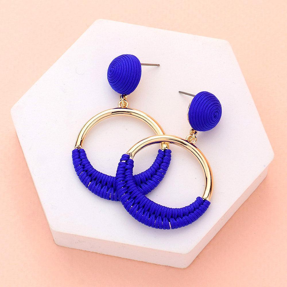 Blue Thread Wrapped Open Circle Dangle Earrings - Jewelry Store by Erik Rayo