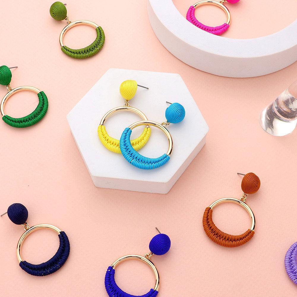 Yellow Thread Wrapped Open Circle Dangle Earrings - Jewelry Store by Erik Rayo