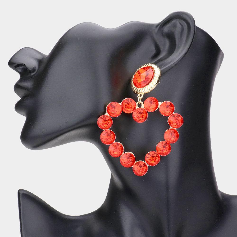 Red Bubble Stone Cluster Open Heart Dangle Earrings