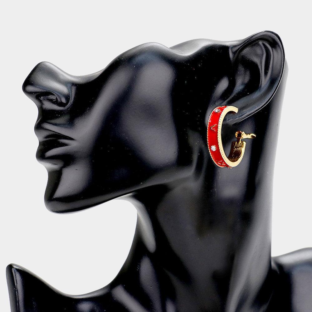 Red Stone Embellished Enamel Roman Numerals Hoop Earrings - Jewelry Store by Erik Rayo
