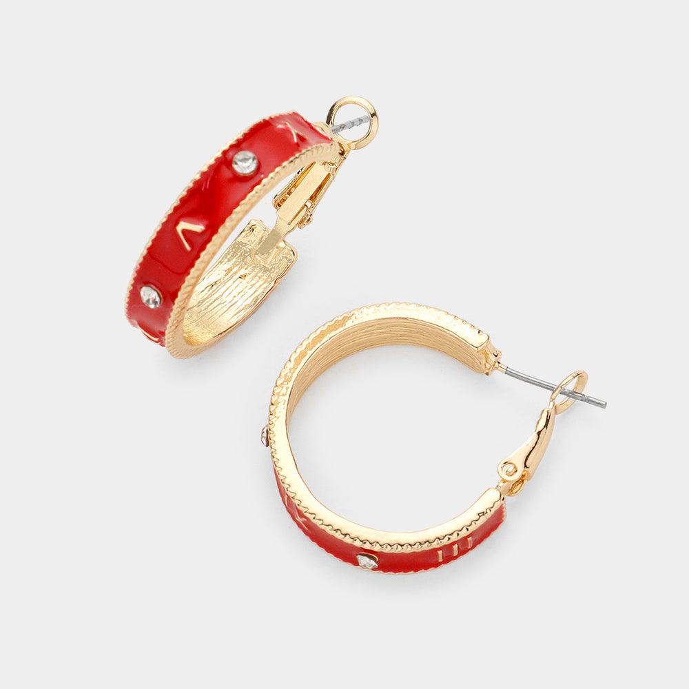 Red Stone Embellished Enamel Roman Numerals Hoop Earrings