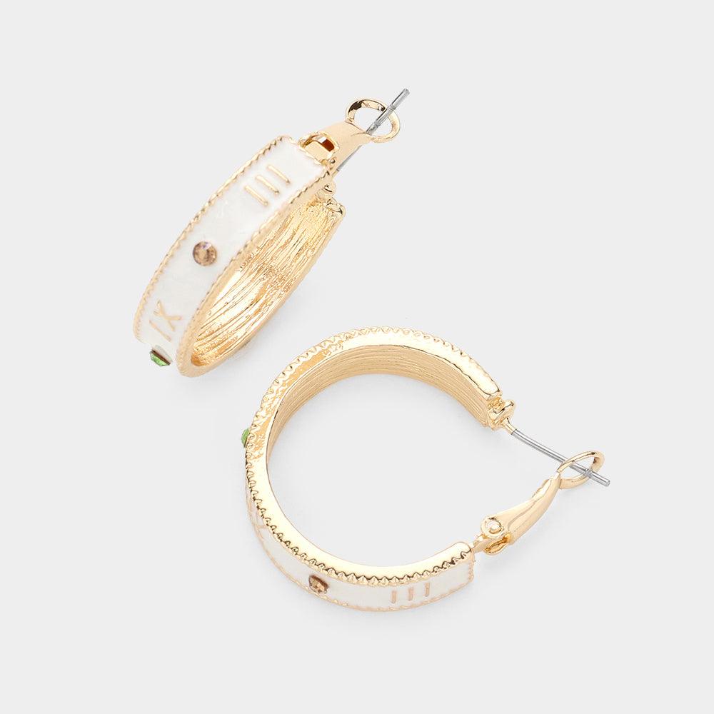 White Stone Embellished Enamel Roman Numerals Hoop Earrings