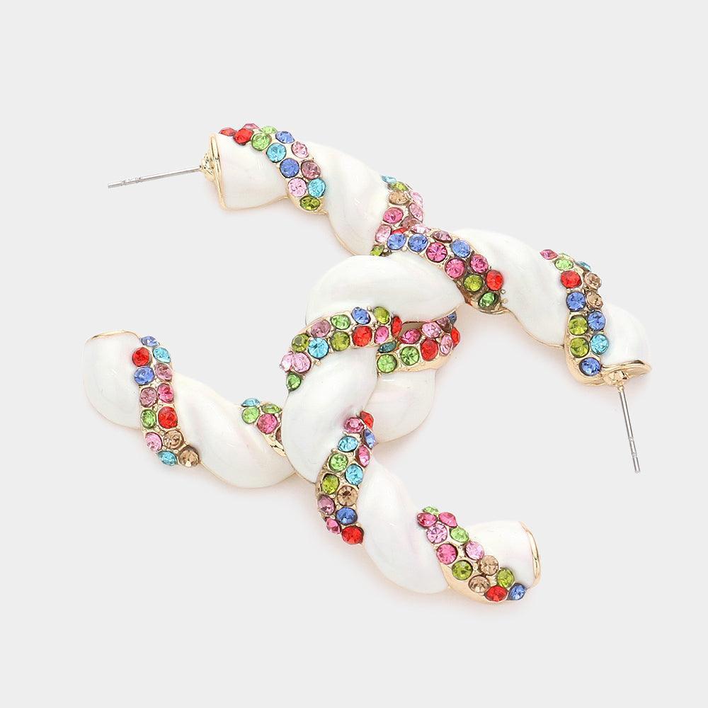 White Rhinestone Embellished Braided Enamel Hoop Earrings - Jewelry Store by Erik Rayo