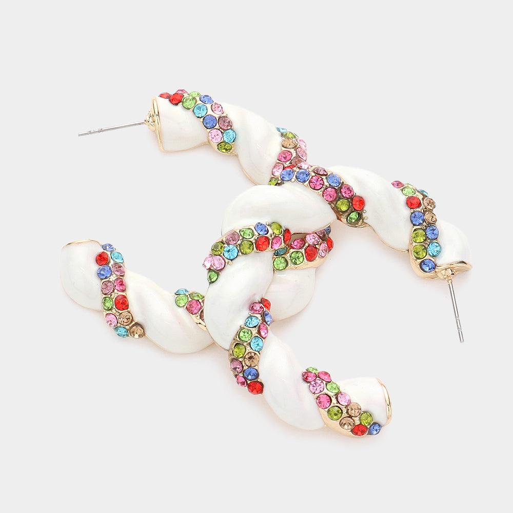 White Rhinestone Embellished Braided Enamel Hoop Earrings