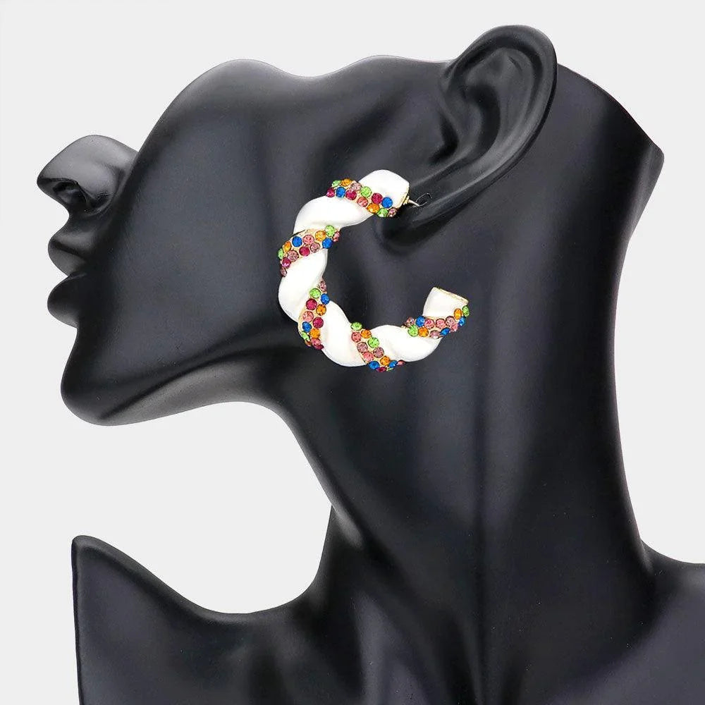 White Rhinestone Embellished Braided Enamel Hoop Earrings - Jewelry Store by Erik Rayo