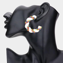 Load image into Gallery viewer, White Rhinestone Embellished Braided Enamel Hoop Earrings
