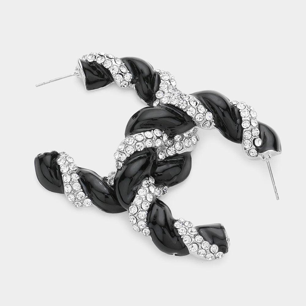 Black Rhinestone Embellished Braided Enamel Hoop Earrings - Jewelry Store by Erik Rayo