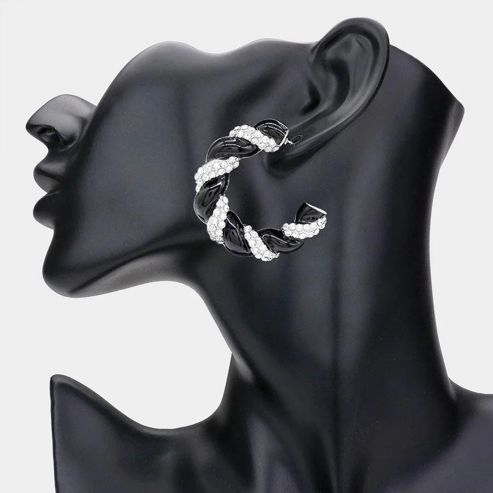 Black Rhinestone Embellished Braided Enamel Hoop Earrings - Jewelry Store by Erik Rayo