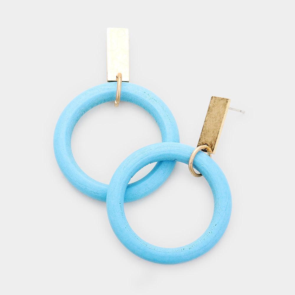 Blue Metal Bar Wood Open Circle Earrings - Jewelry Store by Erik Rayo