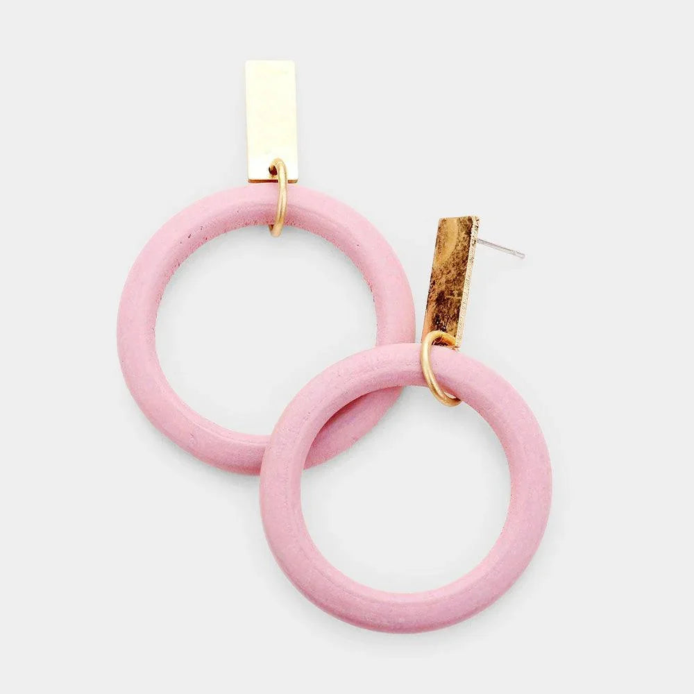 Rose Gold Metal Bar Wood Open Circle Earrings - Jewelry Store by Erik Rayo