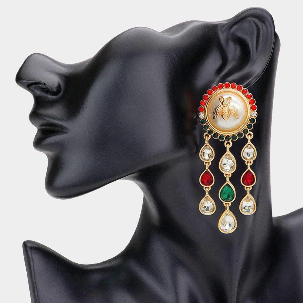Gold Bumble Bee Pearl Accented Teardrop Stone Cluster Drop Down Earrings - Jewelry Store by Erik Rayo