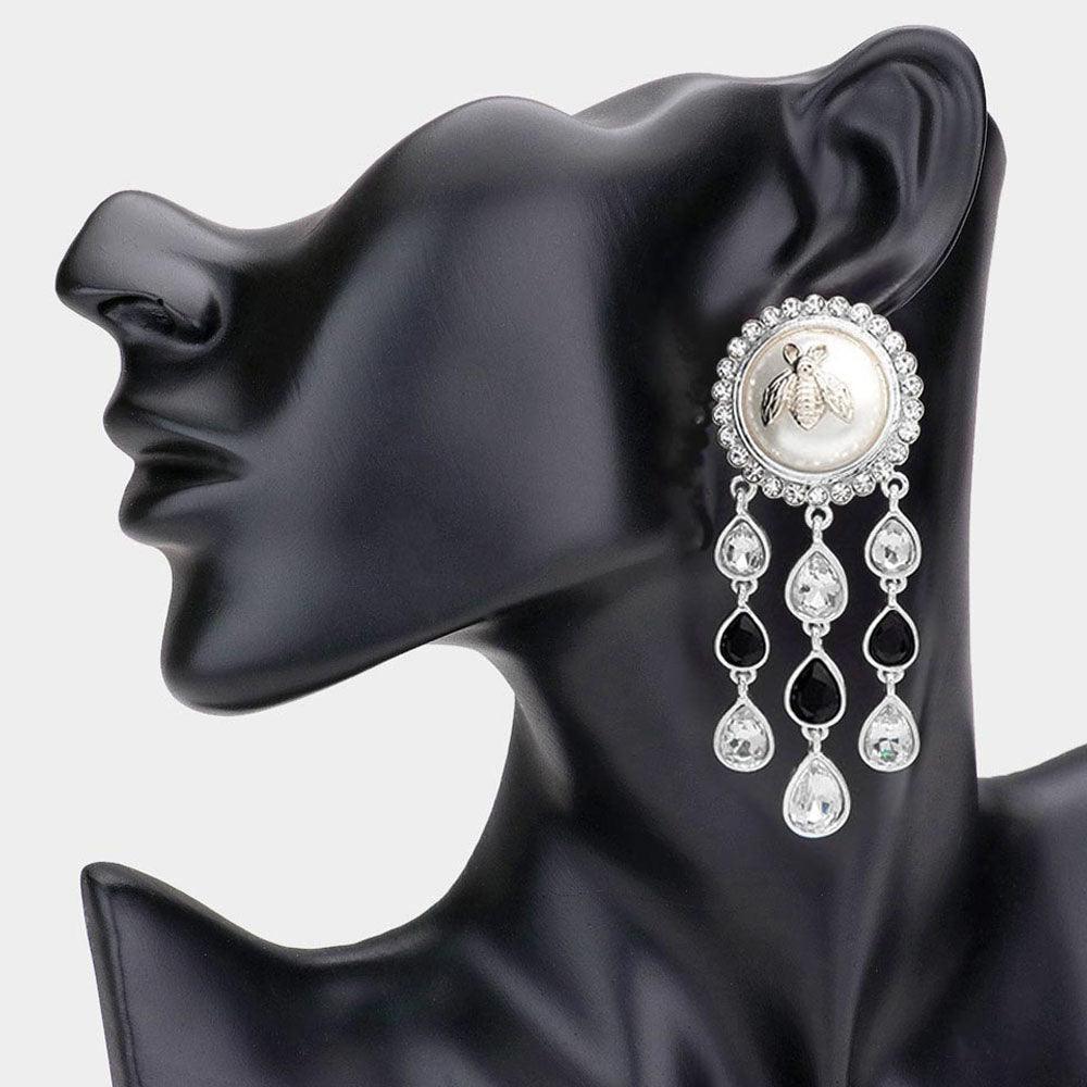 Bumble Bee Pearl Accented Teardrop Stone Cluster Drop Down Earrings - Jewelry Store by Erik Rayo