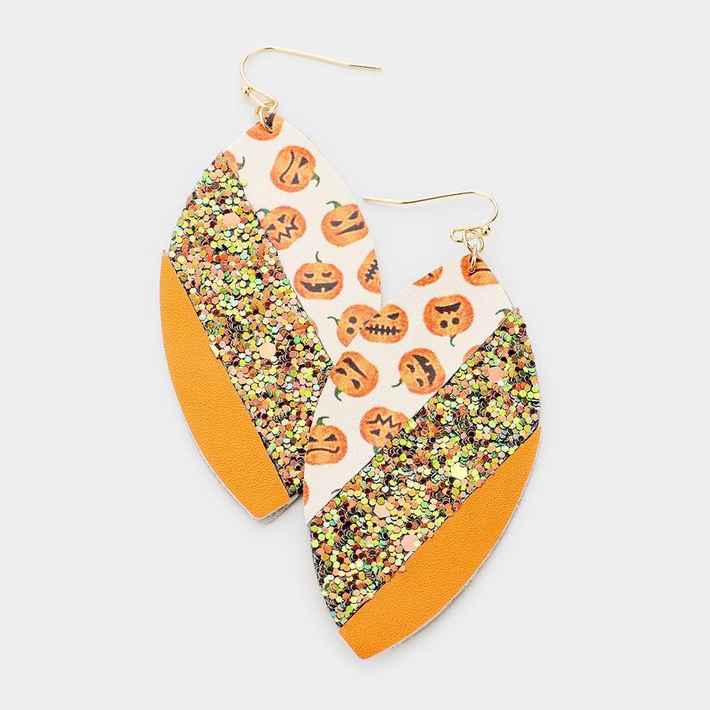 Orange Pumpkin Pattern Diagonal Glitter Marquise Shaped Leather Earrings - Jewelry Store by Erik Rayo