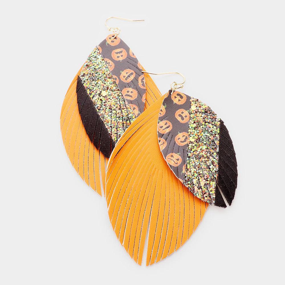 Orange Pumpkin Pattern Diagonal Glitter Marquise Shaped Cut Leather Earrings - Jewelry Store by Erik Rayo