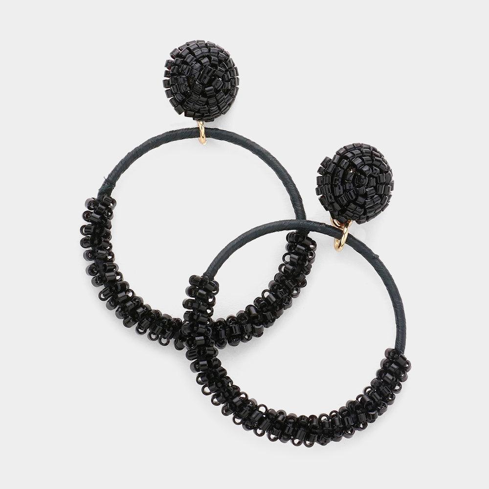 Black Bead Cluster Accented Raffia Wrapped Open Circle Dangle Earrings - Jewelry Store by Erik Rayo