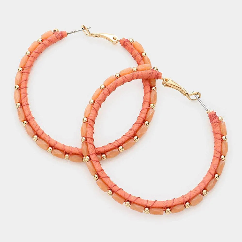 Peach Metal Ball Rectangle Bead Trimmed Raffia Wrapped Hoop Earrings - Jewelry Store by Erik Rayo