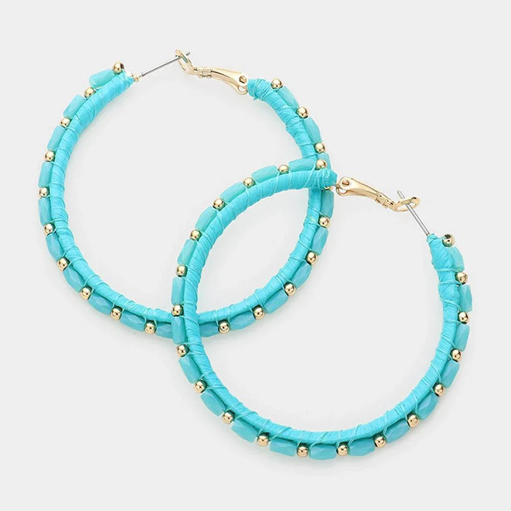 Turquoise Metal Ball Rectangle Bead Trimmed Raffia Wrapped Hoop Earrings - Jewelry Store by Erik Rayo