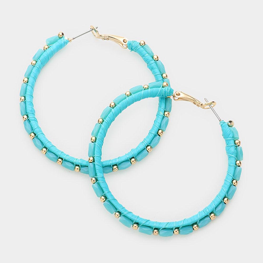 Turquoise Metal Ball Rectangle Bead Trimmed Raffia Wrapped Hoop Earrings