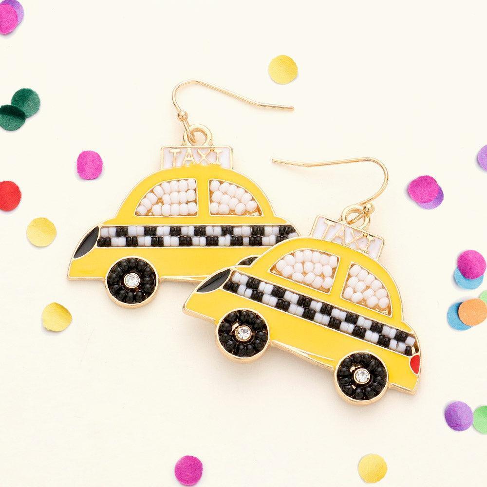 Yellow Seed Bead Embellished Enamel Taxi Dangle Earrings - Jewelry Store by Erik Rayo